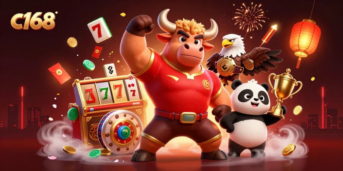 C168 celebrates victories at the casino with a bull mascot, eagle, and panda amid slot reels.