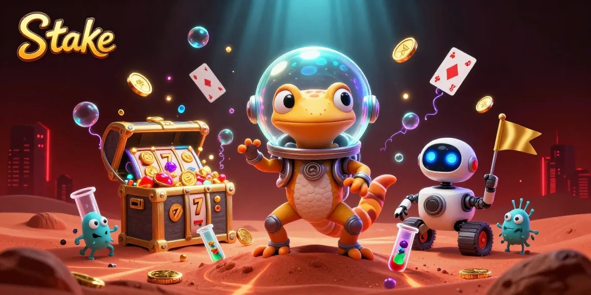 Engage in exciting gameplay at Stake with a Martian gecko discovering treasures in a vibrant casino scene.