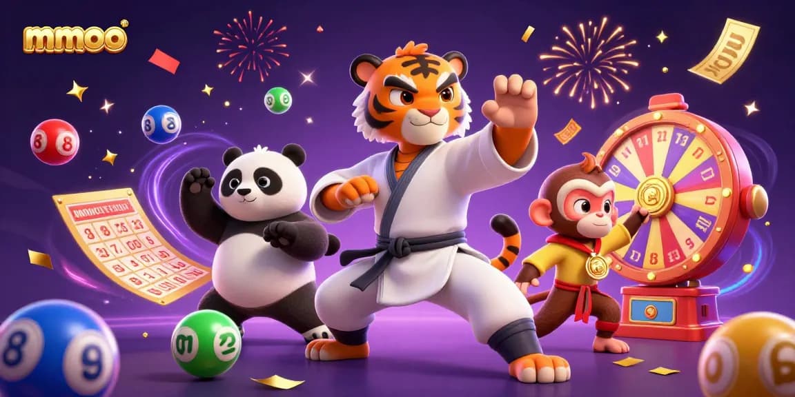 Mmoo evokes excitement with a dynamic scene of a kung fu tiger master, panda disciple, and playful monkey amidst lottery elements.