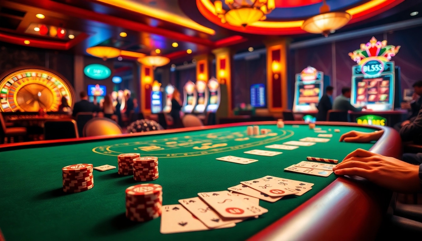Experience the thrill of gaming at BL555 with a luxurious casino atmosphere featuring poker tables and roulette wheels.