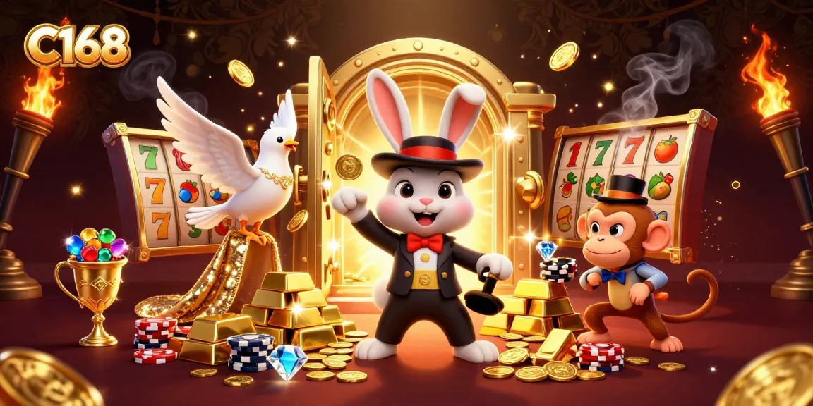 C168 casino scene featuring a magician rabbit, dove and monkey with colorful slot elements.