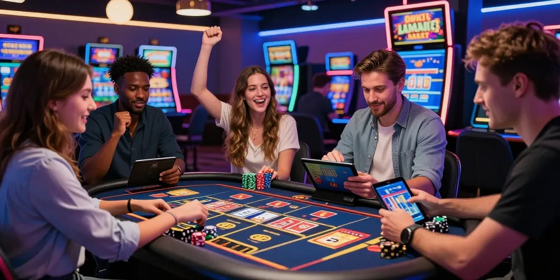 Players excitedly engaging at credit card casinos, with slot machines and gaming tables, highlighting an immersive gaming atmosphere.
