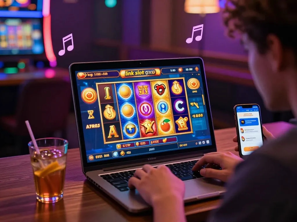 Pengguna yang terlibat menjelajahi permainan link slot gaco di laptop, suasana kasino online yang hidup dengan grafik berwarna-warni dan suasana yang mendebarkan.