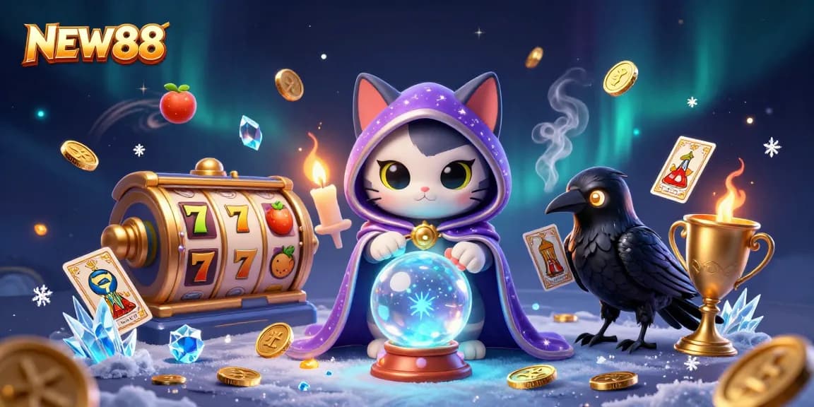 Experience the excitement of NEW88 with this vibrant illustration featuring mystical gambling elements.
