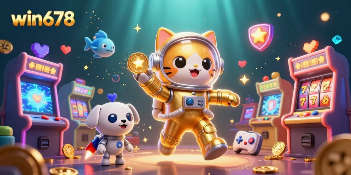 Experience the thrill of win678 with a vibrant illustration of gaming excitement featuring slot elements and animated characters.