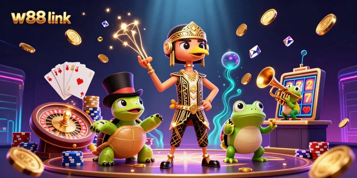 Engage with a vibrant scene showcasing w88 link, featuring lively casino characters and dynamic game elements.