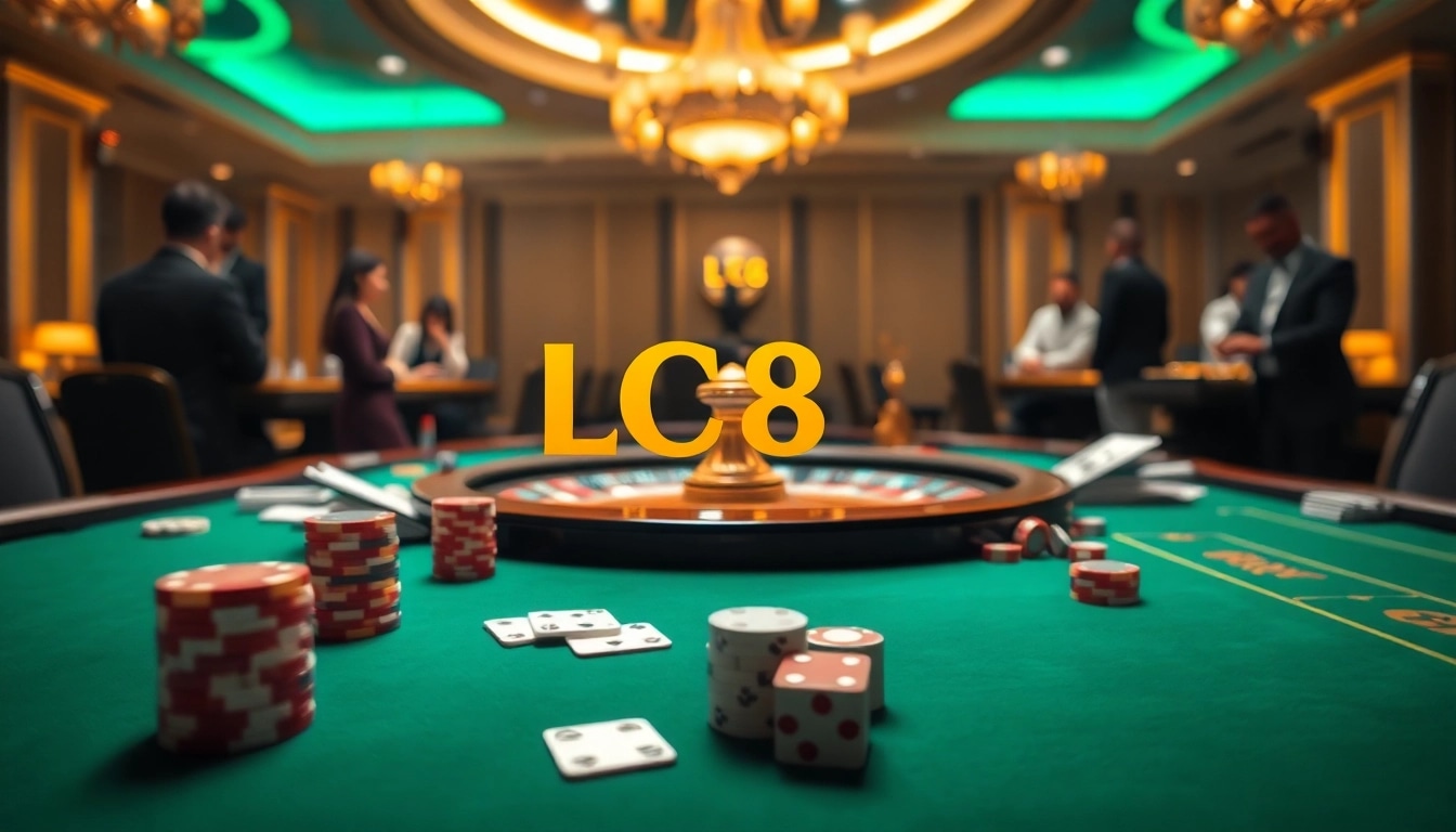 Engaging scene of luxury casino gameplay showcasing LC88 branding on a vibrant gaming table.