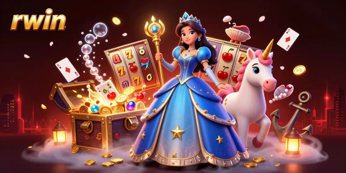 Spin the rwin slots with a stunning woman and magical unicorn in a vibrant casino scene.