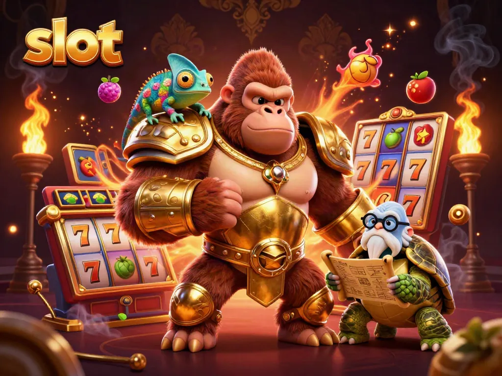 Spin the slot reels with the gorilla king and his companions in this action-packed 3D illustration.