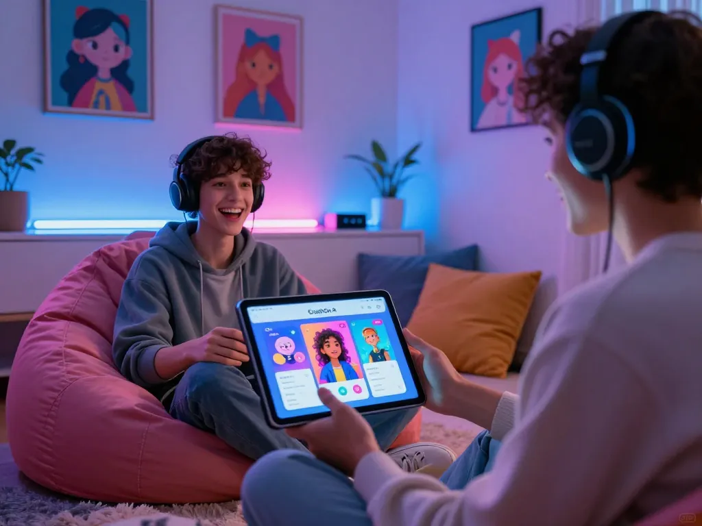 Engaging with NSFW AI character on tablet in cozy virtual room atmosphere