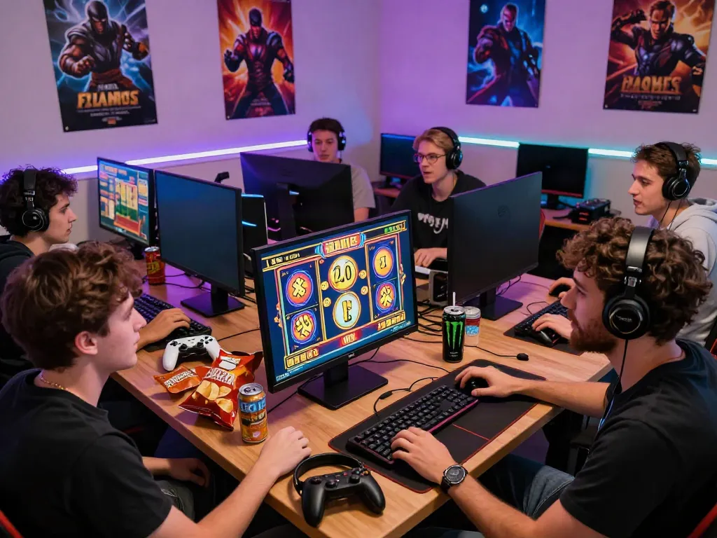 Akunjp gaming scene with friends enjoying online slots and snacks.
