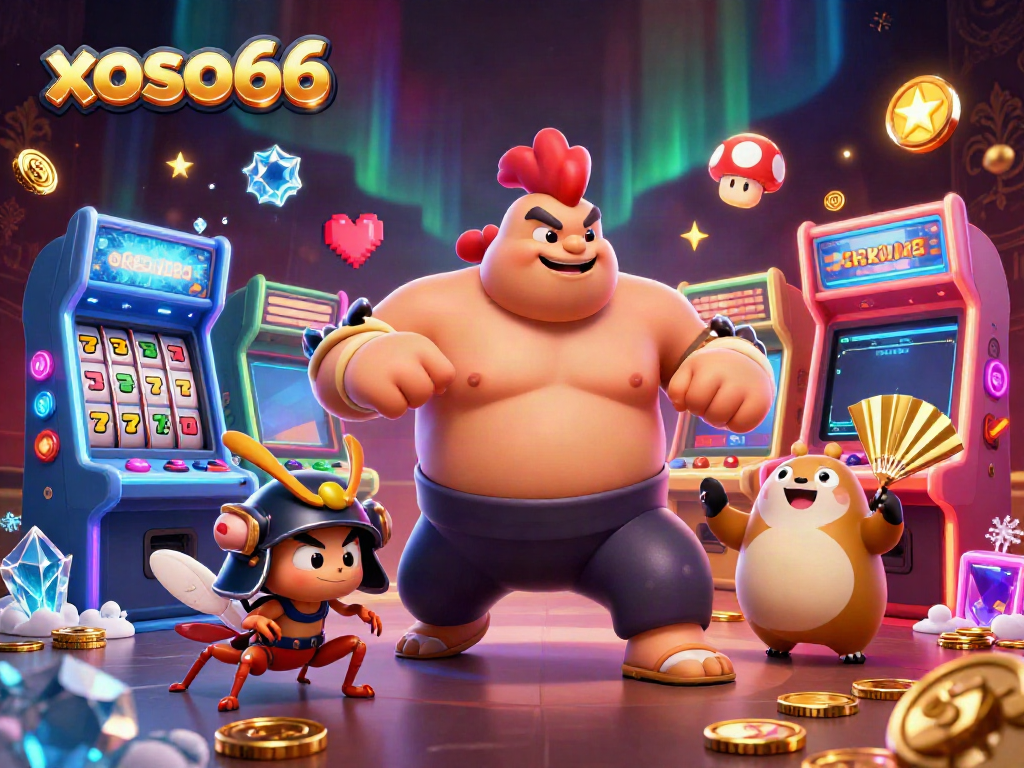 Xoso66 casino featuring a powerful sumo wrestler rooster and a fierce cricket in a vibrant gambling setting.