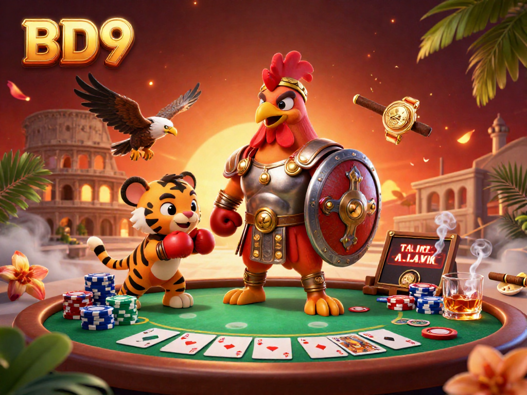 Engage with BD9's thrilling gaming scene featuring a gladiator rooster, poker elements, and sunset effects.