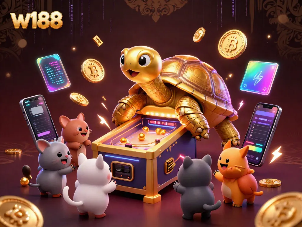 Engage with w188 for thrilling gaming experiences using the colossal tortoise pinball machine in a vibrant scene.