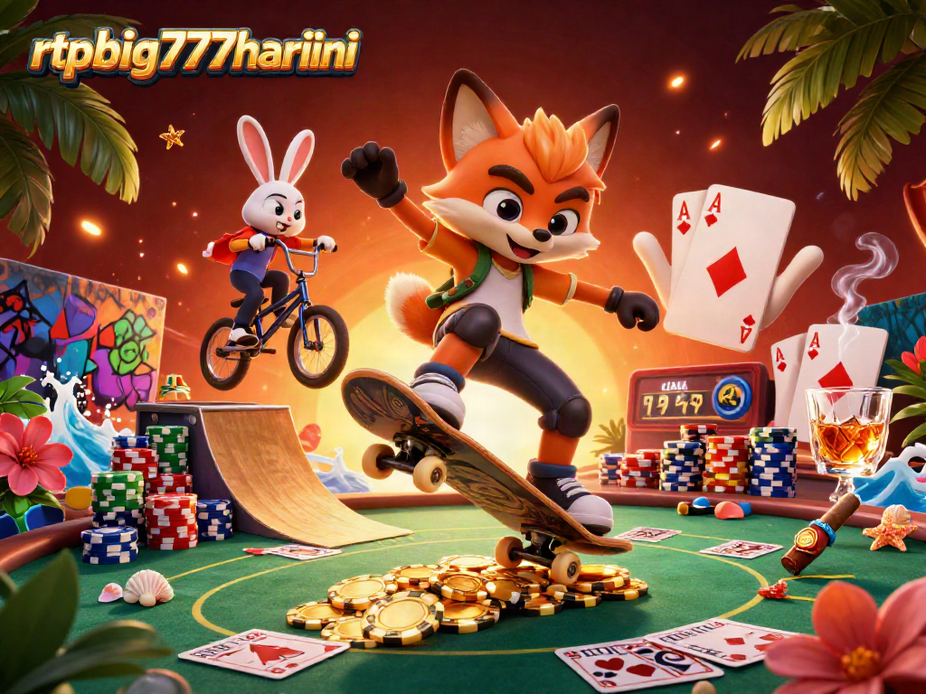 Experience the excitement of rtpbig777hariini with a dynamic scene of a skateboarder fox and BMX-riding rabbit in a casino-themed environment.
