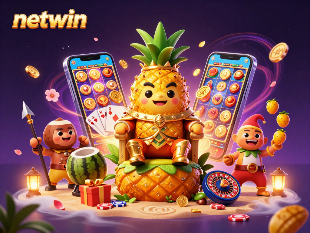 Engage with netwin's vibrant casino scene featuring a golden pineapple king and dynamic slot gaming action.