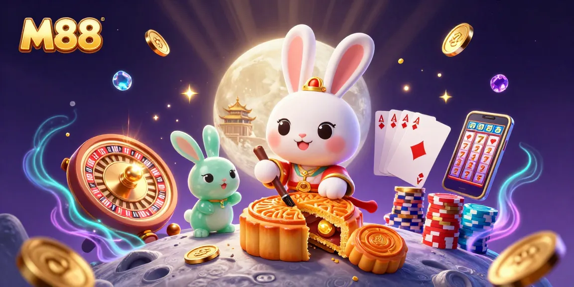 M88 offers exciting online gambling with golden mooncakes revealing poker chips in a vibrant casino scene.