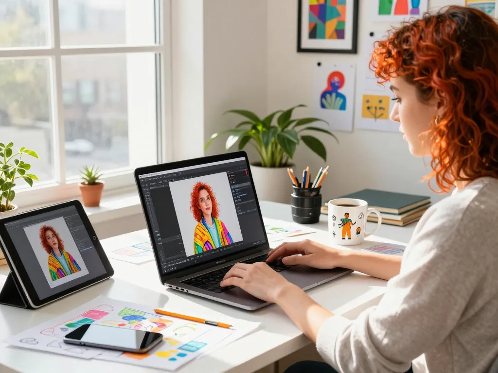 Graphic designer using Nano Banana 2 AI image editor in a creative workspace filled with art and inspiration.