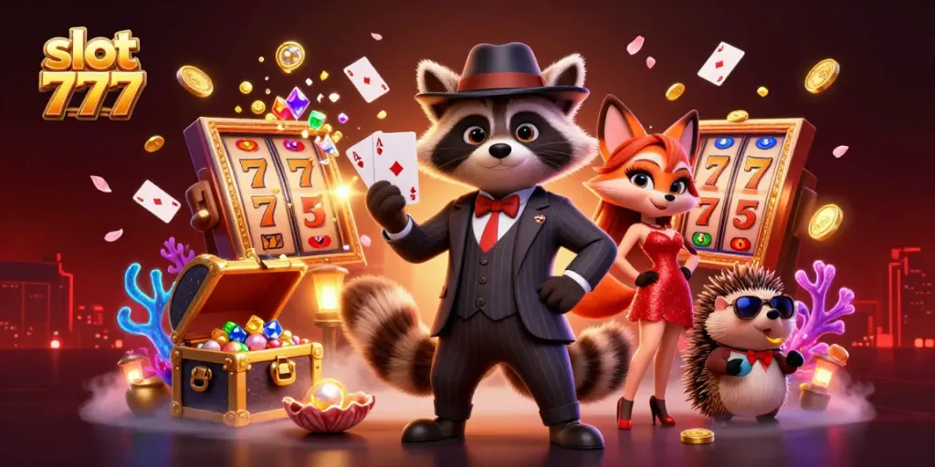 Jelajahi pengalaman slot 777 yang menakjubkan dengan karakter lucu dalam ilustrasi kasino yang penuh warna.