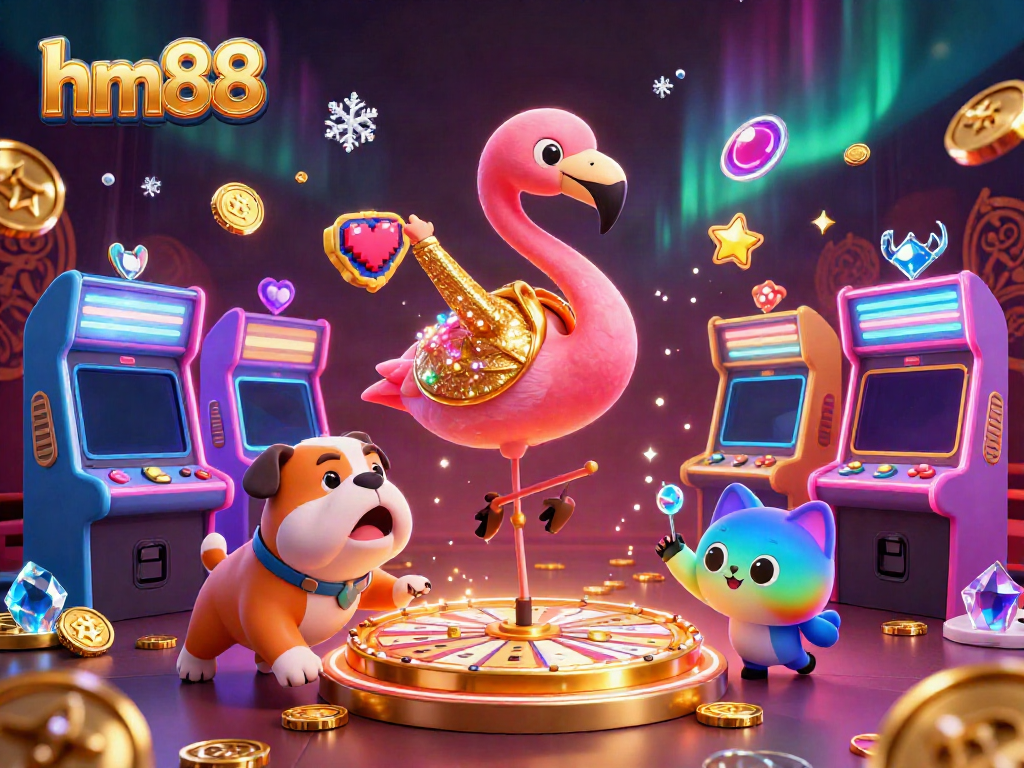 Experience the thrill of gaming at hm88 with a vibrant casino scene featuring colorful characters and dynamic casino elements.