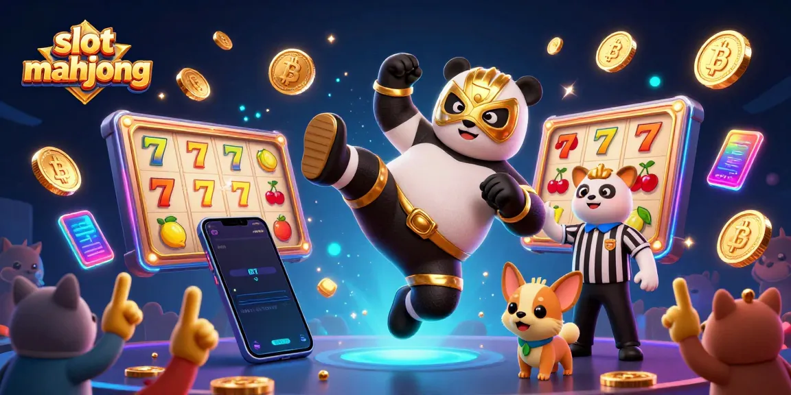 Experience thrilling action with slot mahjong as a panda performs a flying kick amidst vibrant casino elements.