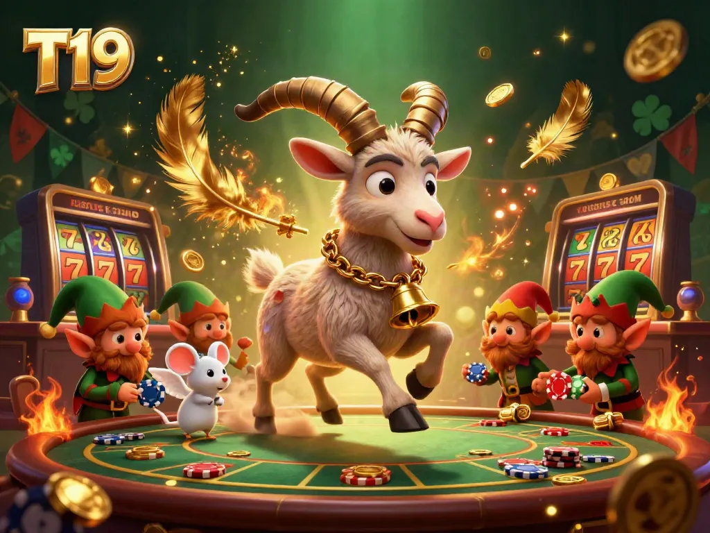 T19 casino scene with Krampus goat, angel mouse, and elf gremlins stealing poker chips.