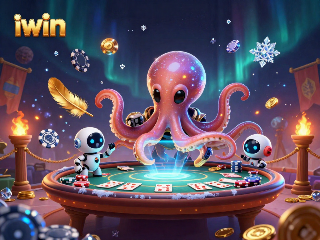 Play poker with the iwin alien octopus at a holographic table surrounded by cosmic chips.