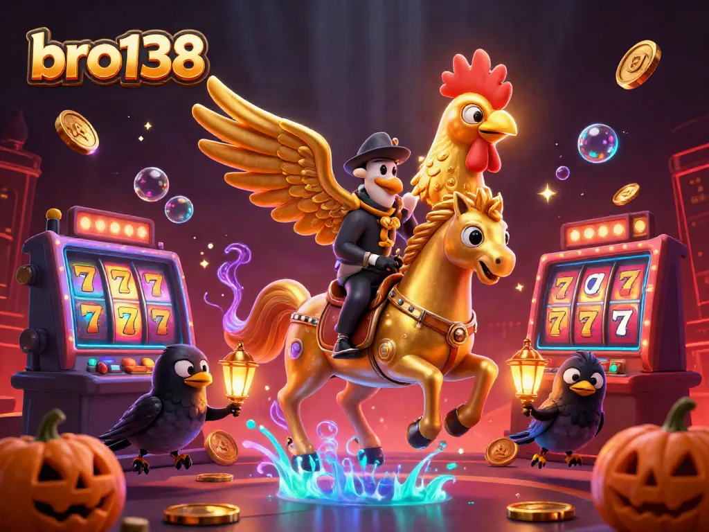 Experience thrilling slots action with bro138 in this vibrant casino scene filled with golden symbols and dynamic elements.
