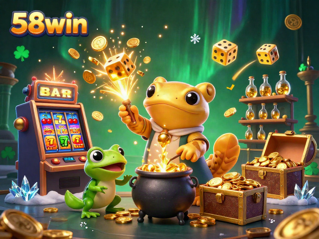 Experience the enchanting world of 58win with animated alchemists and slot machine magic.