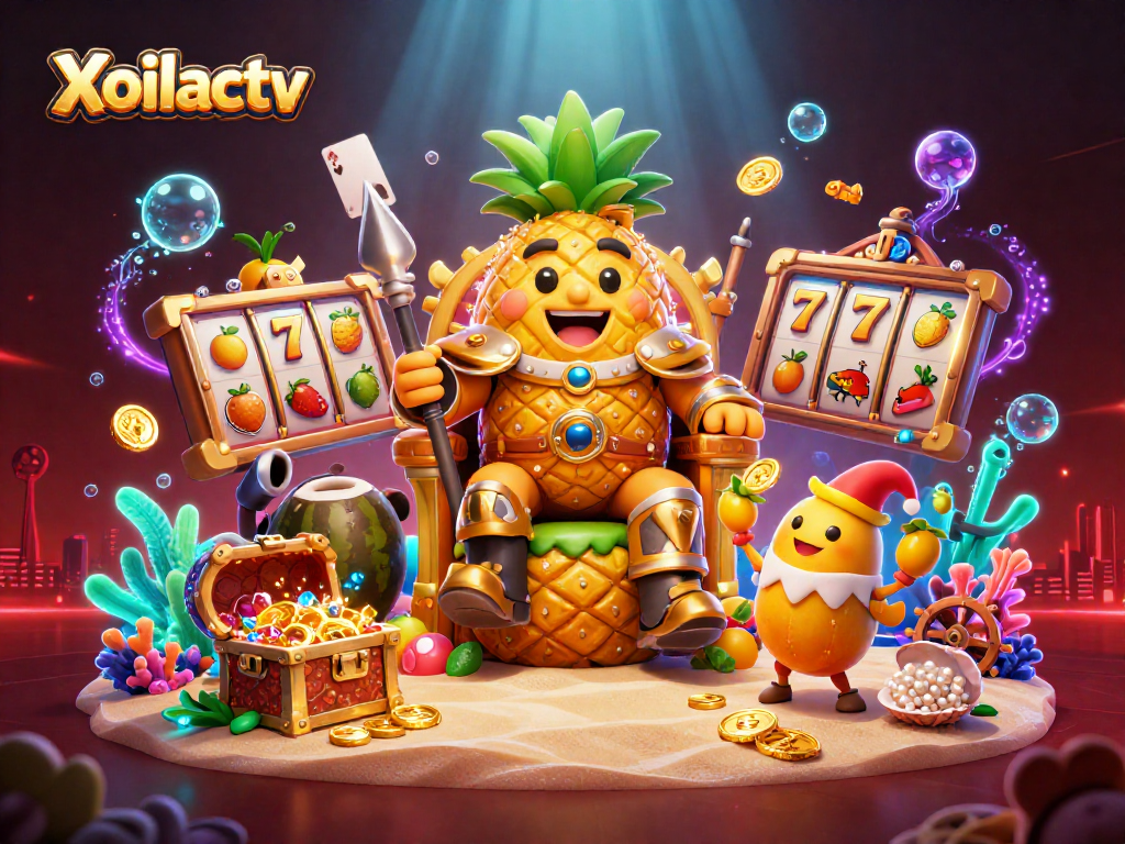 Xoilactv's vibrant beach casino scene showcases a golden pineapple king and his colorful entourage enjoying interactive slots and treasures.