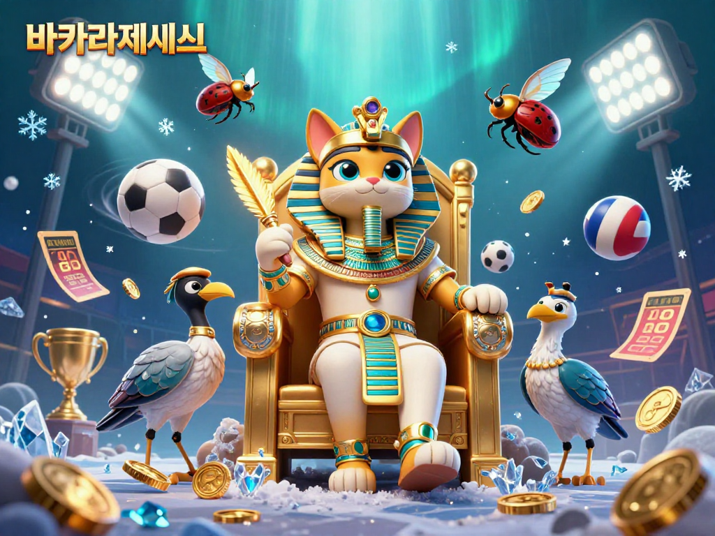 바카라사이트에서 다양한 게임 아이템과 함께 귀여운 이집트 고양이 캐릭터와 스크라이브가 어우러진 세밀한 일러스트레이션