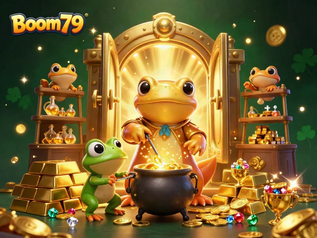 Experience thrilling gameplay at Boom79, featuring a stunning alchemist scene with gold and gems.