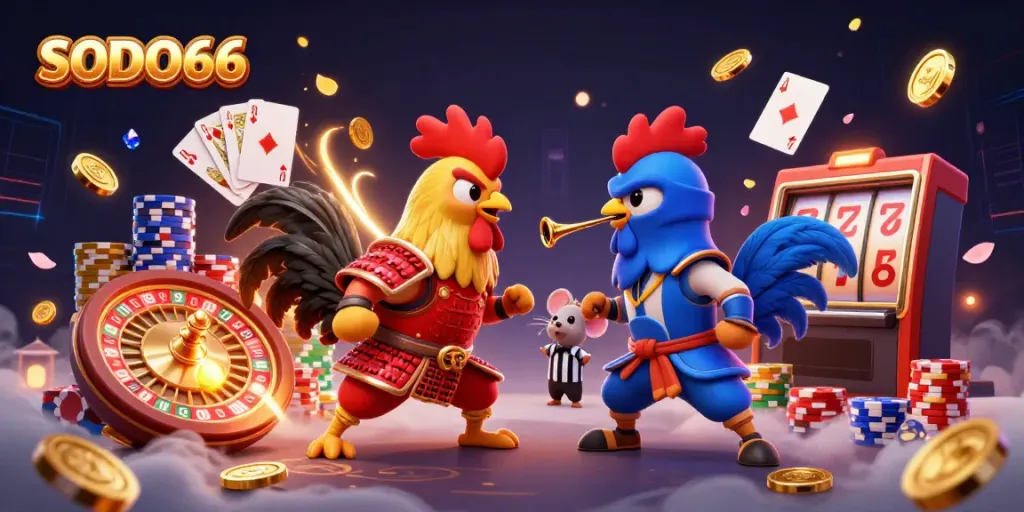 Experience the thrilling showdown of SODO66's iconic rooster fighters in a vibrant casino atmosphere.