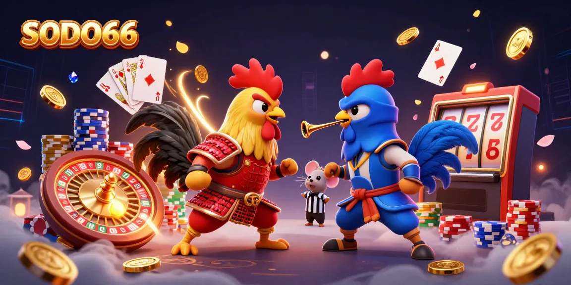 Experience the thrilling showdown of SODO66's iconic rooster fighters in a vibrant casino atmosphere.
