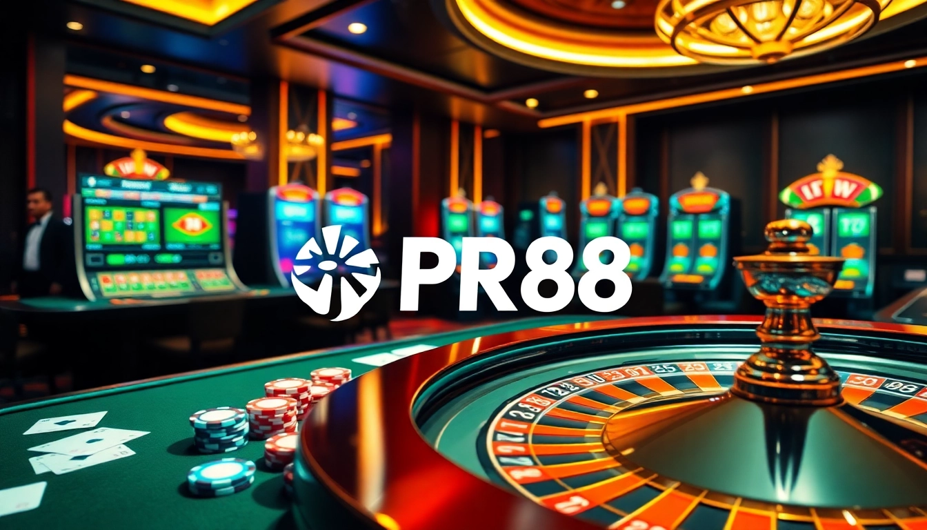 Experience the thrill of RR88 casino gaming with vibrant tables, chips, and spinning wheels.