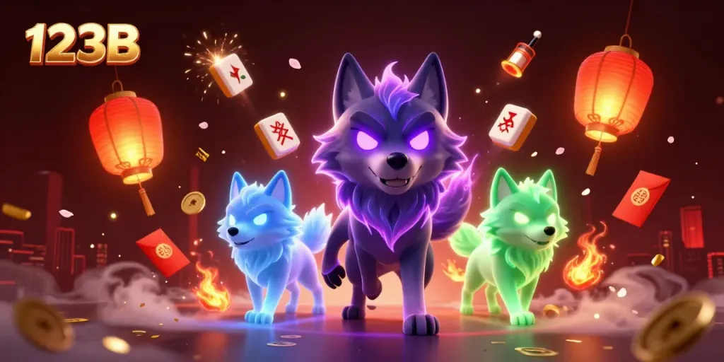 Engage with the exciting 123B casino experience featuring vibrant wolf characters and festive decorations.