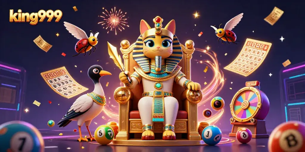 Visualisasi perjudian dengan karakter king999, bola lotere berwarna, dan efek keceriaan kegembiraan.