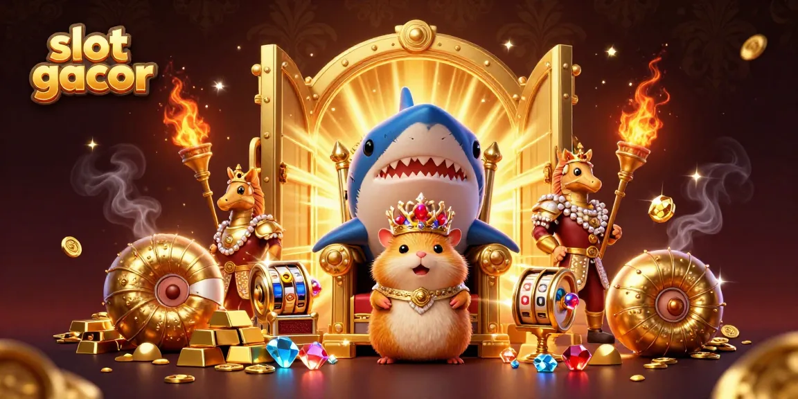 Ilustrasi slot gacor menampilkan raja hamster emas di atas mahkota karang dikelilingi oleh kekayaan dan elemen slot.