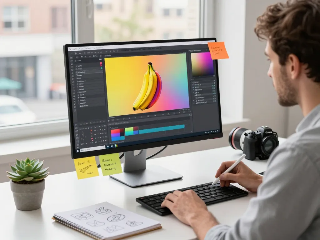 Designer using nano banana 2 AI image editor in a vibrant digital workspace.