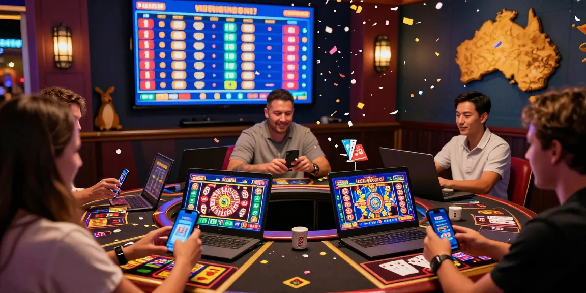 Exciting online casino experience at the best online casinos featuring friends enjoying pokies on various devices in a festive atmosphere