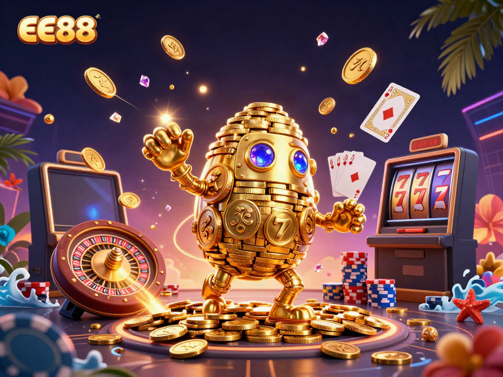 Experience the thrill of EE88 with a dazzling 3D scene of a golden golem surrounded by jackpots and casino elements.