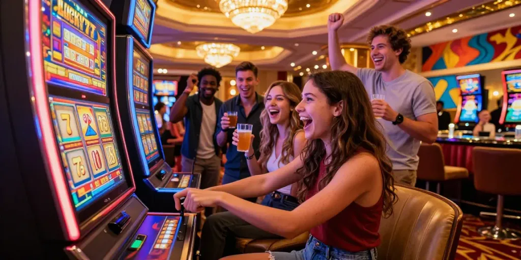Excited friends celebrating around a Lucky777 slot machine in a vibrant casino atmosphere.
