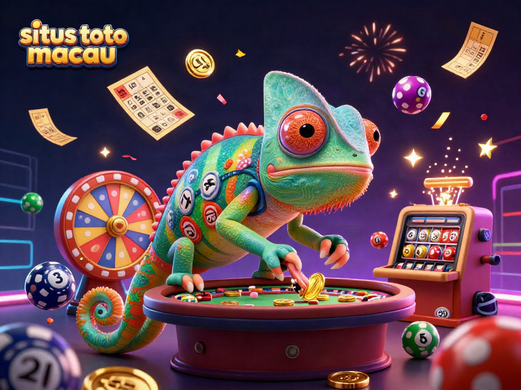 Rasakan keseruan situs toto macau dengan ilustrasi kasino yang menampilkan chameleon raksasa dan elemen permainan menarik.