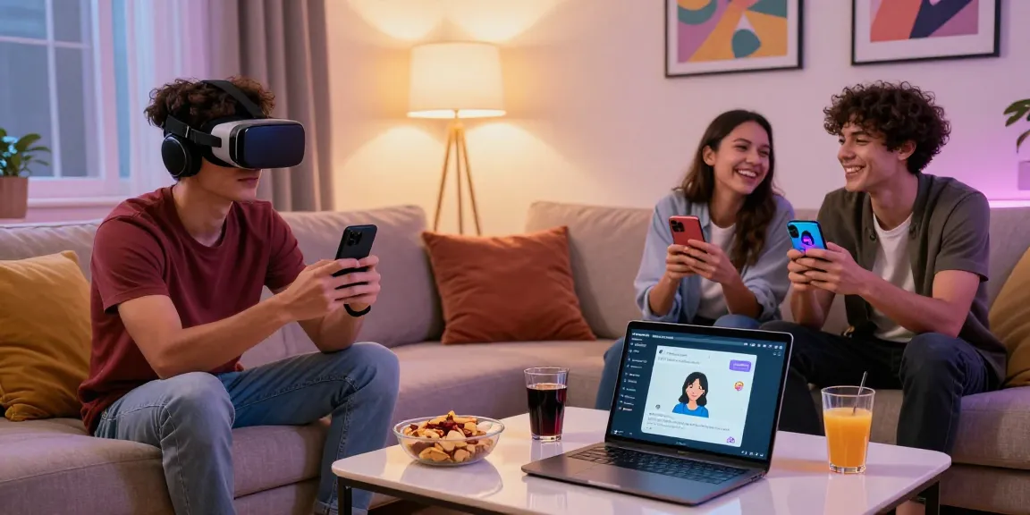 Engaging sexting ai interaction among friends in a modern living room.