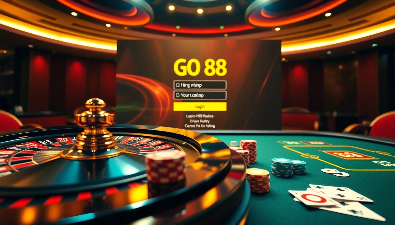 Engaging gamblers with the login interface for đăng nhập go 88, showcasing casino elements like poker chips and a roulette wheel.
