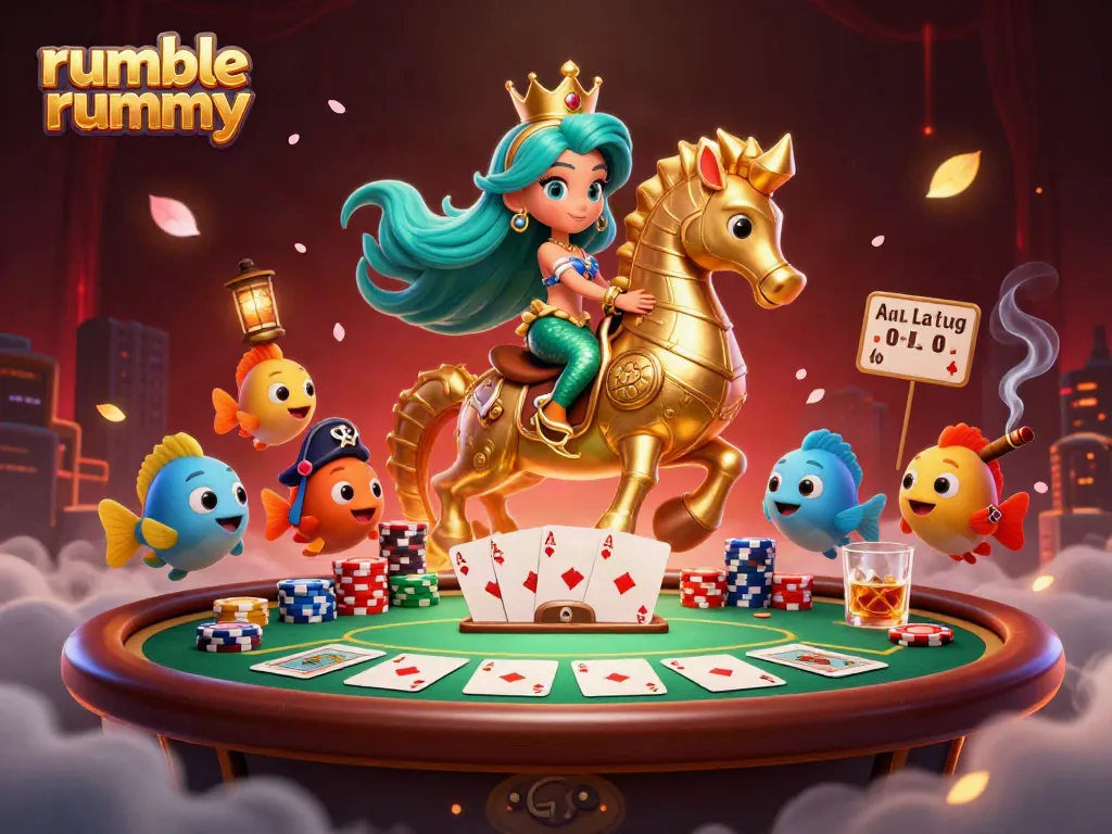 Experience the thrill of rumble rummy with a vibrant 3D casino scene featuring a mermaid on a seahorse.