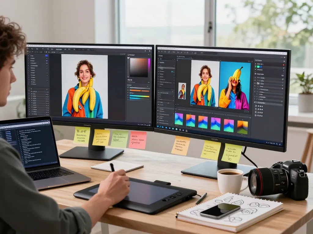 Creative workspace displaying a graphic designer using the nano banana AI image editor with dual screens and vibrant thumbnails.