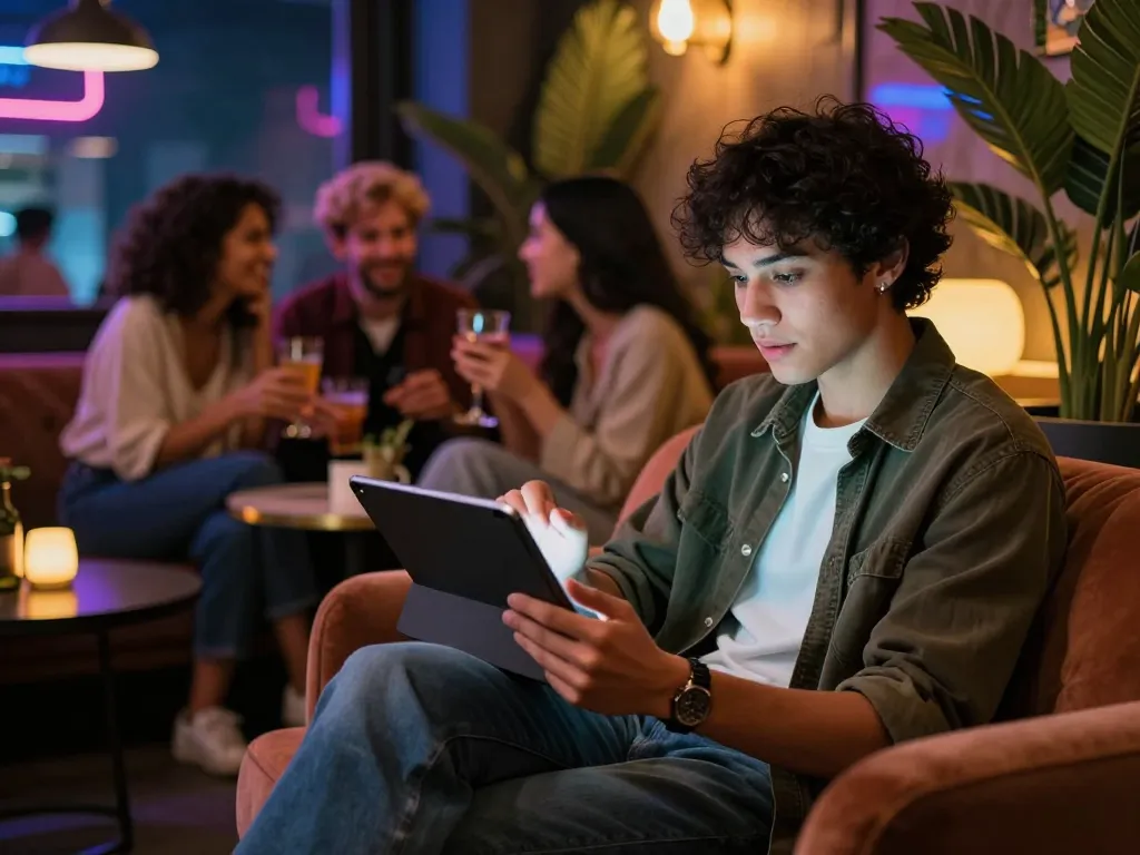 Individual engaging in an NSFW chat on a tablet in a stylish urban lounge, vibrant setting with neon lights.