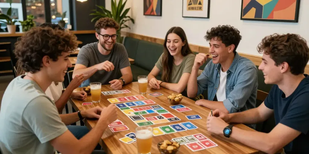 Group of friends enjoying a game of rumble rummy at a café, vibrant and lively atmosphere.