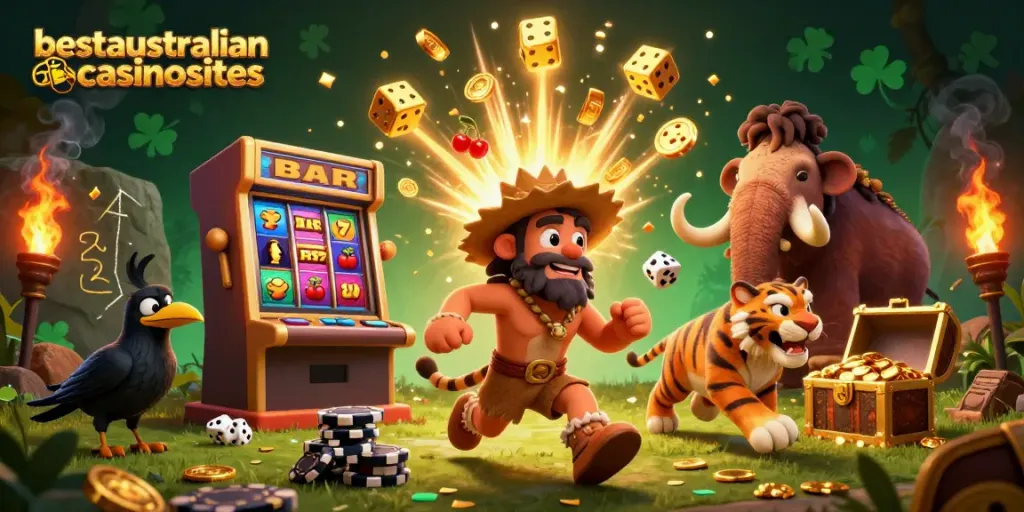 Engaging scene showcasing the fastest PayID casinos Australia with the caveman duo.